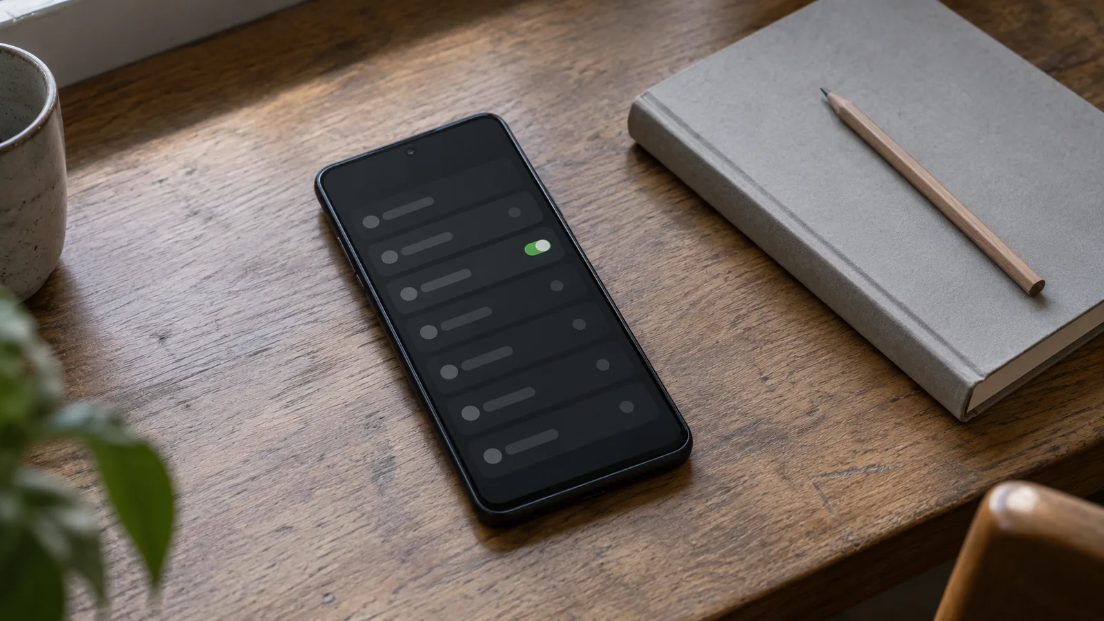 Dark phone with simple settings rows on a wooden desk beside a closed notebook and pencil
