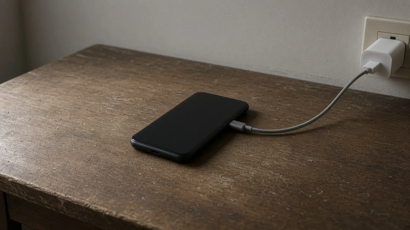 A dark phone with a dark screen on a wooden desk, a gray cable, and a white adapter in a wall outlet