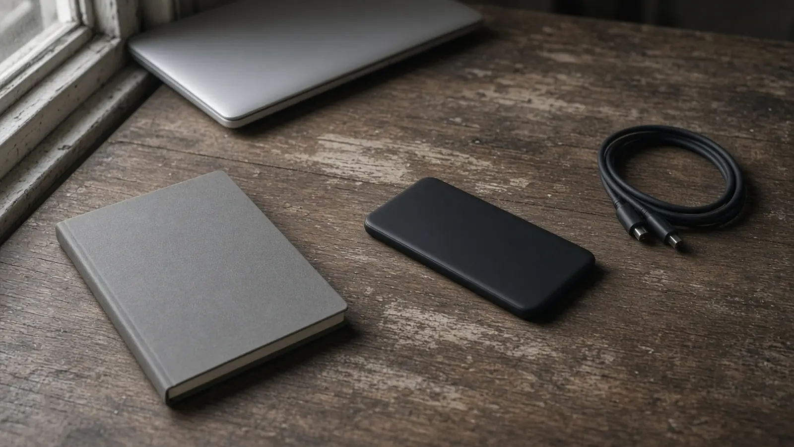 An unbranded phone face down on a wooden desk, a coiled cable, a closed notebook, and the corner of a closed laptop